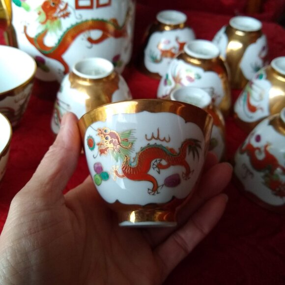 Vintage Chinese porcelain 6 x tea cups bowls set dragon phoenix double happiness - Picture 9 of 11